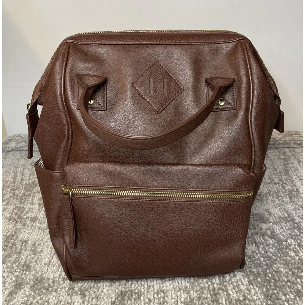 Brown Faux Leather Doctor Bag Backpack Wide Opening Rucksack Travel Work Baby